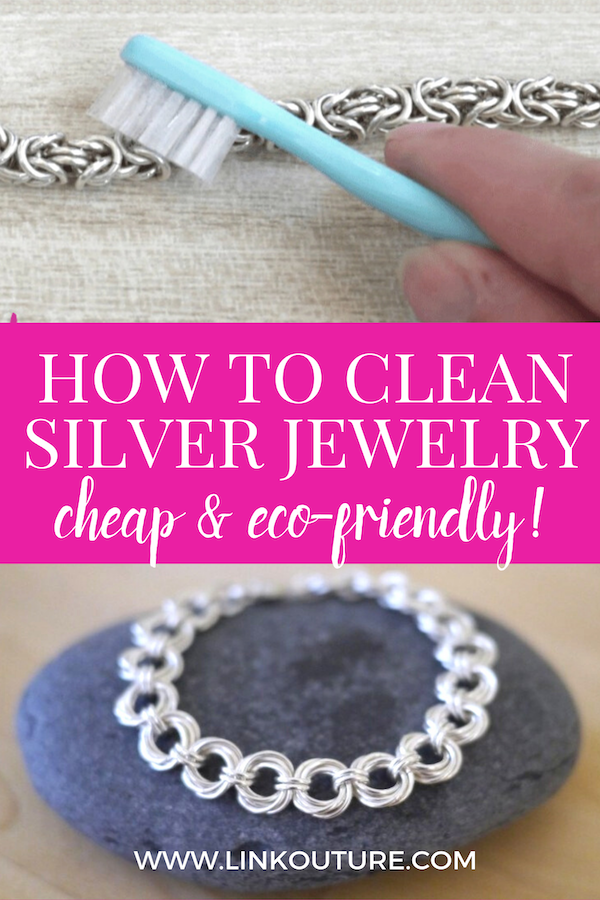 hand cleaning silver jewelry with sparkly silver bracelet below